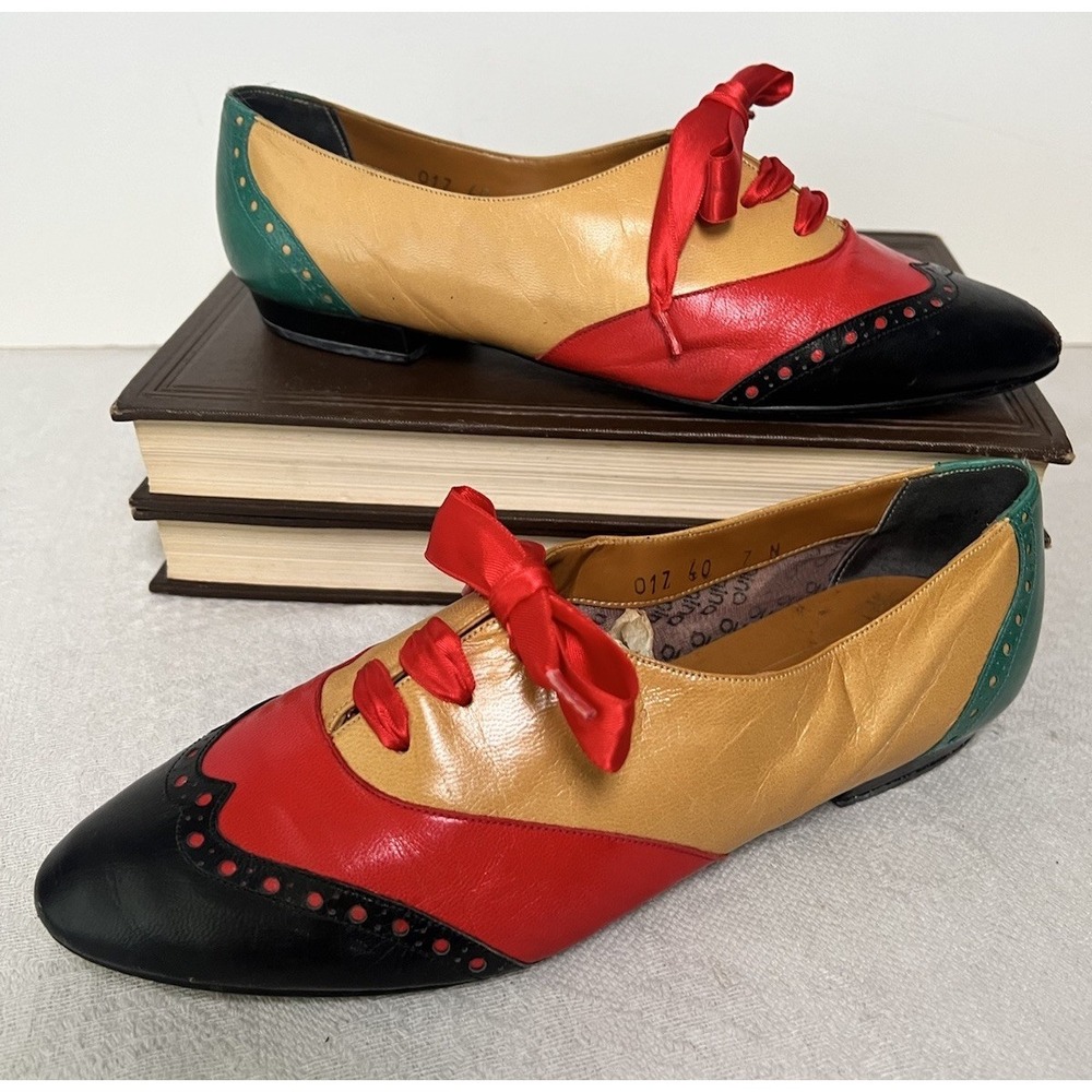Vintage 1980s Nina From Spain Oxford Leather Shoes Flats Color Block 7 N Women's